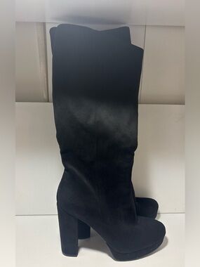 Black Suede High Block Heel Knee Boots